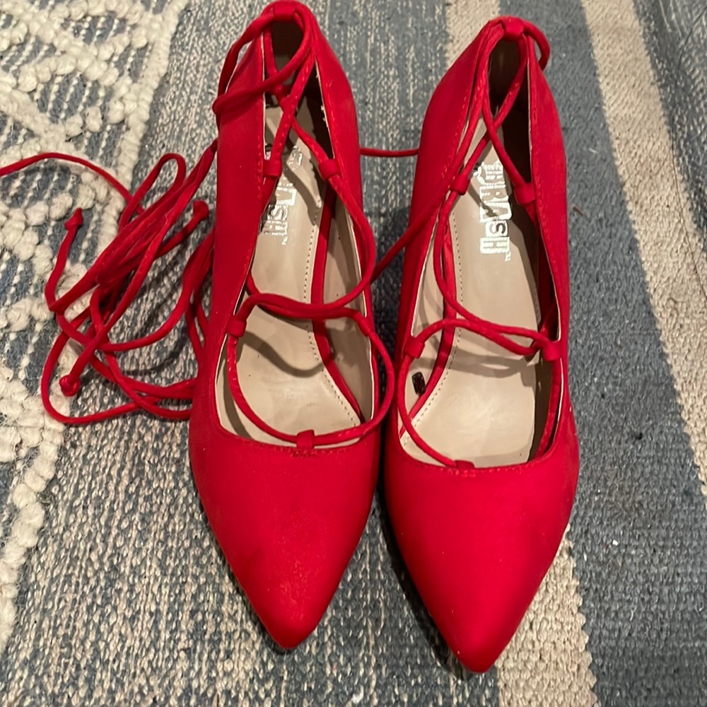 Brash womens heels suede microfiber red lace up heels size 6.5